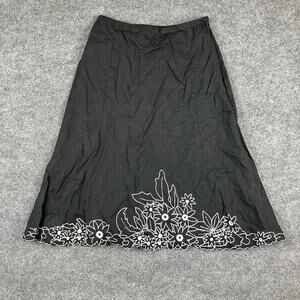 JM Collection Skirt Womens 16 Black Linen A-Line Embroidered Floral Midi